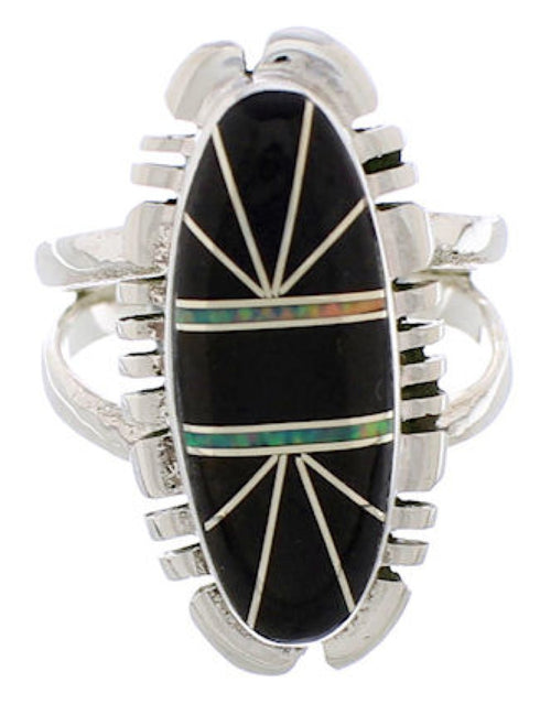 Southwestern Silver Jet Opal Inlay Ring Size 8-3/4 TX28662